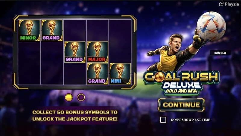 Goal Rush Deluxe - glavni meni sa Reelovima i tribinama stadiona